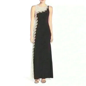 XSCAPE Embroidered Mesh & Jersey A-Line Gown